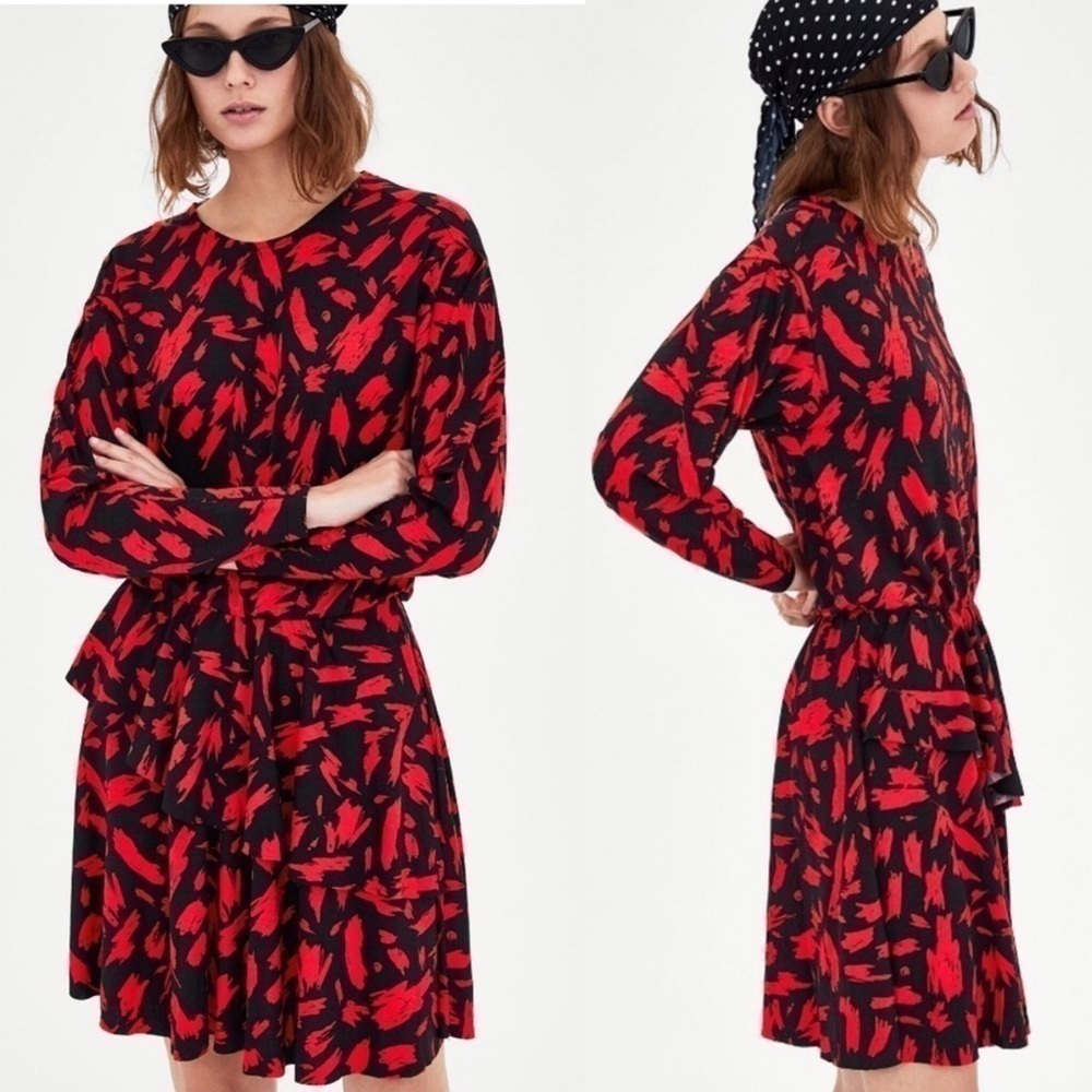 Zara Long Sleeve Red Black Printed Dress